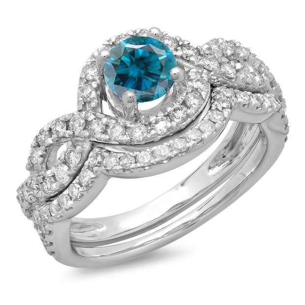 1.75 Carat (ctw) 14K White Gold Round White & Blue Diamond Ladies Swirl Bridal Halo Engagement Ring With Matching Band Set 1 3/4 CT