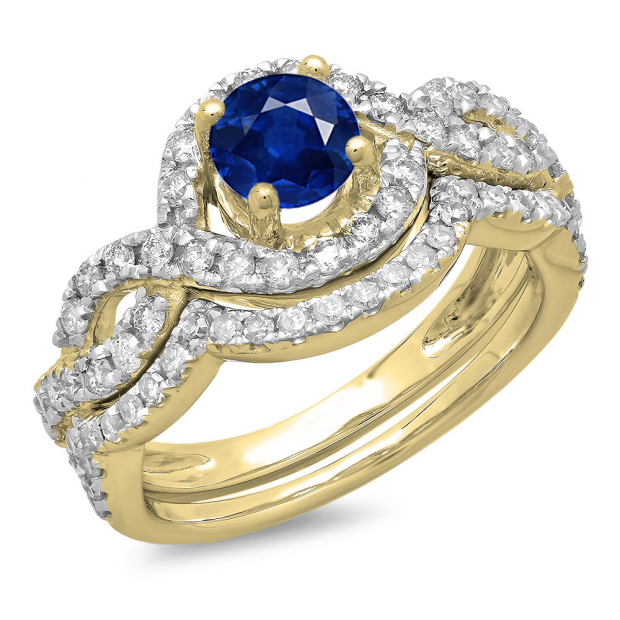 1.75 Carat (ctw) 14K Yellow Gold Round Blue Sapphire & White Diamond Ladies Swirl Bridal Halo Engagement Ring With Matching Band Set 1 3/4 CT