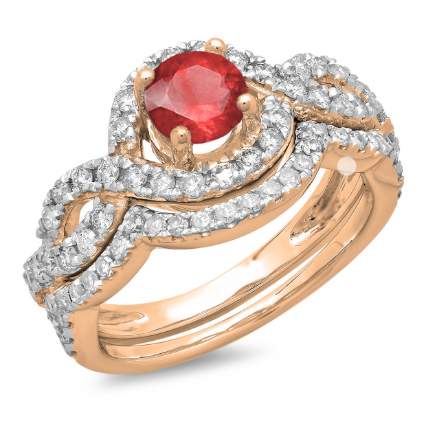 1.75 Carat (ctw) 18K Rose Gold Round Red Ruby & White Diamond Ladies Swirl Bridal Halo Engagement Ring With Matching Band Set 1 3/4 CT