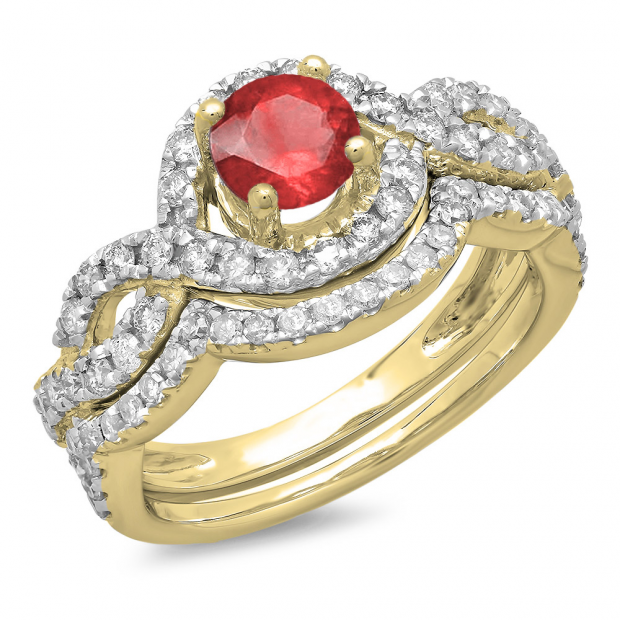 1.75 Carat (ctw) 18K Yellow Gold Round Red Ruby & White Diamond Ladies Swirl Bridal Halo Engagement Ring With Matching Band Set 1 3/4 CT