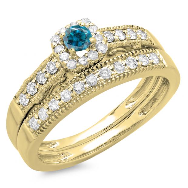 0.50 Carat (ctw) 10K Yellow Gold Round White & Blue Diamond Ladies Halo Engagement Bridal Ring With Matching Band Set 1/2 CT