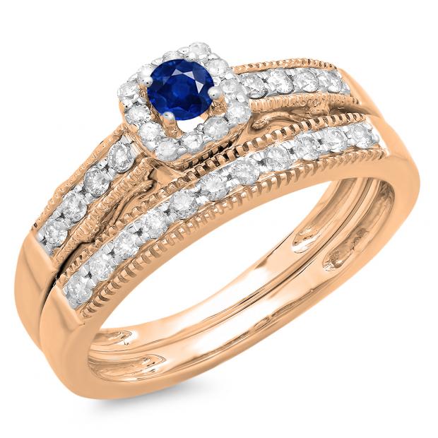 0.50 Carat (ctw) 14K Rose Gold Round Blue Sapphire & White Diamond Ladies Halo Engagement Bridal Ring With Matching Band Set 1/2 CT