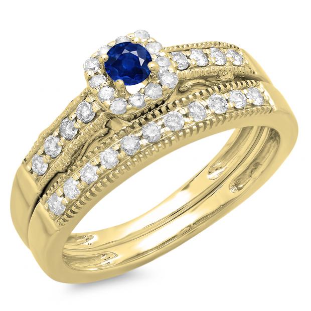0.50 Carat (ctw) 14K Yellow Gold Round Blue Sapphire & White Diamond Ladies Halo Engagement Bridal Ring With Matching Band Set 1/2 CT