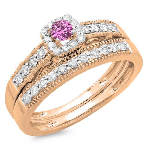 0.50 Carat (ctw) 14K Rose Gold Round Pink Sapphire & White Diamond Ladies Halo Engagement Bridal Ring With Matching Band Set 1/2 CT