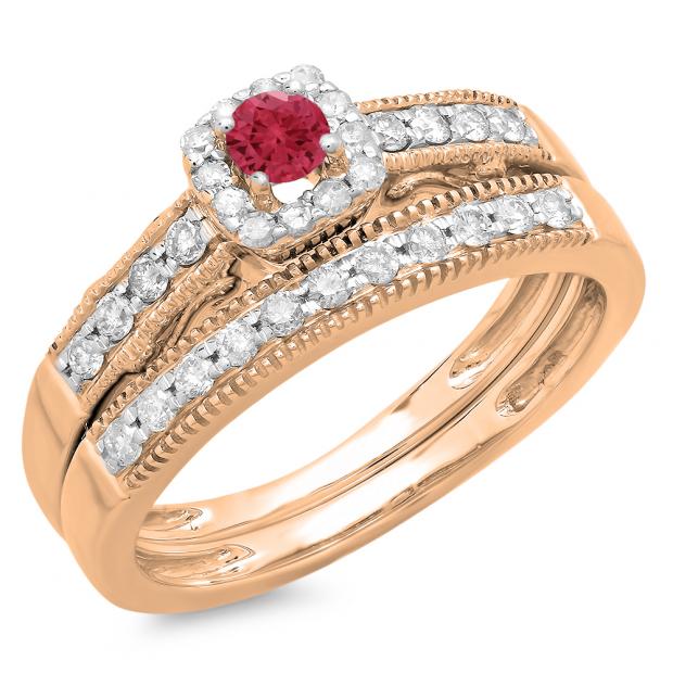 0.50 Carat (ctw) 14K Rose Gold Round Red Ruby & White Diamond Ladies Halo Engagement Bridal Ring With Matching Band Set 1/2 CT