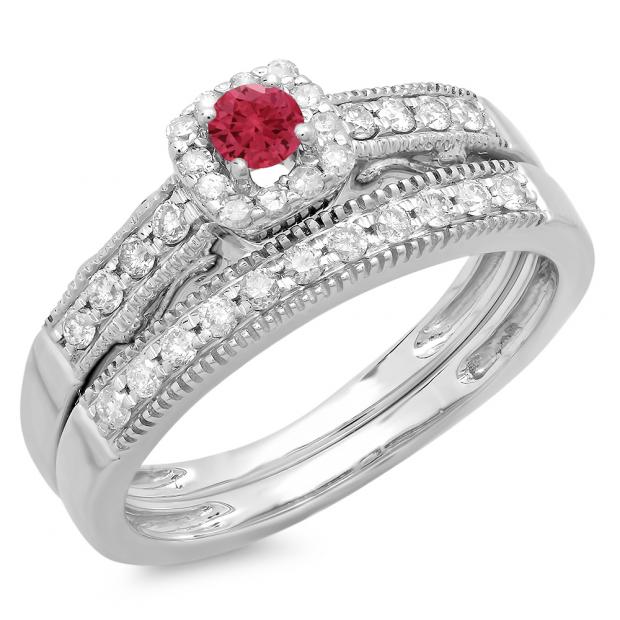 0.50 Carat (ctw) 18K White Gold Round Red Ruby & White Diamond Ladies Halo Engagement Bridal Ring With Matching Band Set 1/2 CT