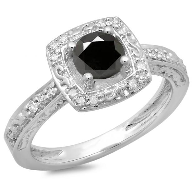 1.00 Carat (ctw) 10K White Gold Round Cut White & Black Diamond Ladies Vintage Style Halo Bridal Engagement Ring 1 CT