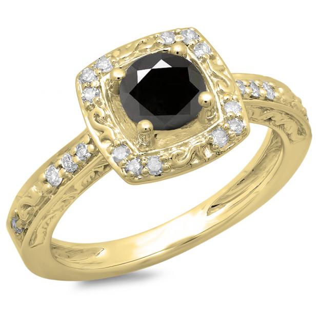 1.00 Carat (ctw) 14K Yellow Gold Round Cut White & Black Diamond Ladies Vintage Style Halo Bridal Engagement Ring 1 CT