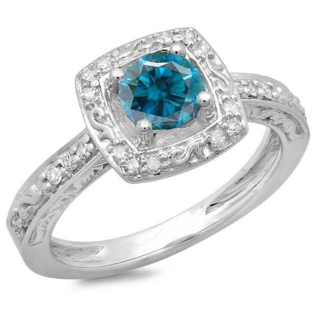 1.00 Carat (ctw) 18K White Gold Round Cut White & Blue Diamond Ladies Vintage Style Halo Bridal Engagement Ring 1 CT