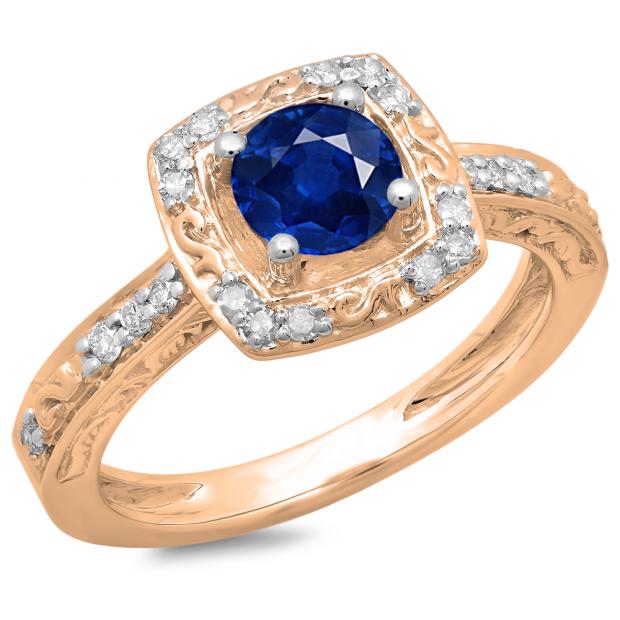 1.00 Carat (ctw) 10K Rose Gold Round Cut Blue Sapphire & White Diamond Ladies Vintage Style Halo Bridal Engagement Ring 1 CT