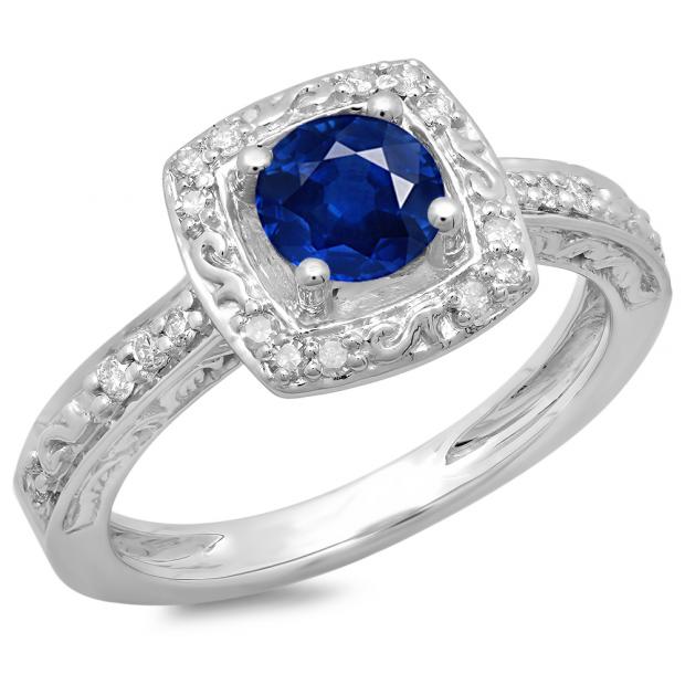 1.00 Carat (ctw) 14K White Gold Round Cut Blue Sapphire & White Diamond Ladies Vintage Style Halo Bridal Engagement Ring 1 CT