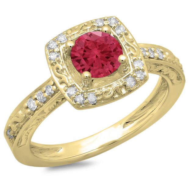 1.00 Carat (ctw) 14K Yellow Gold Round Cut Red Ruby & White Diamond Ladies Vintage Style Halo Bridal Engagement Ring 1 CT