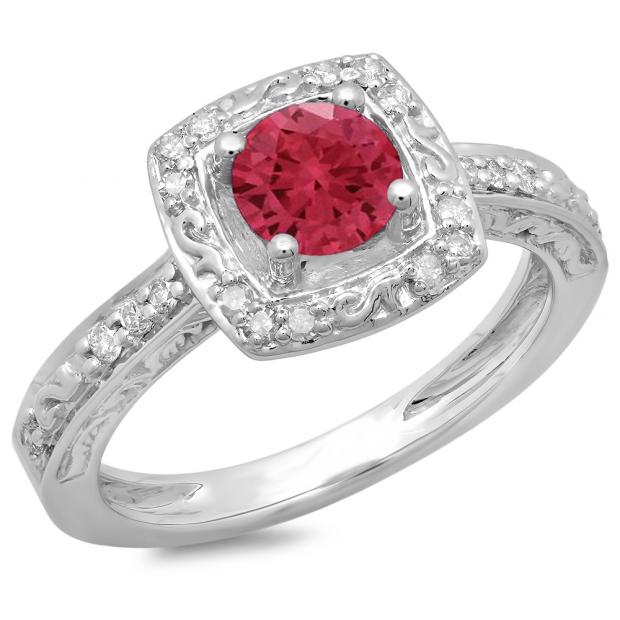 1.00 Carat (ctw) 18K White Gold Round Cut Red Ruby & White Diamond Ladies Vintage Style Halo Bridal Engagement Ring 1 CT