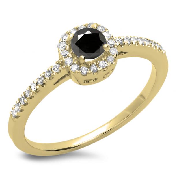 0.45 Carat (ctw) 14K Yellow Gold Round Cut Black & White Diamond Ladies Halo Style Bridal Engagement Ring 1/2 CT