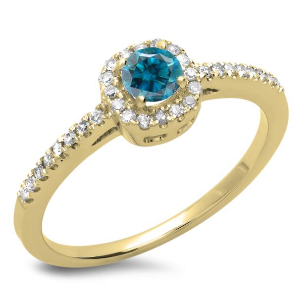 0.45 Carat (ctw) 10K Yellow Gold Round Cut Blue & White Diamond Ladies Halo Style Bridal Engagement Ring 1/2 CT