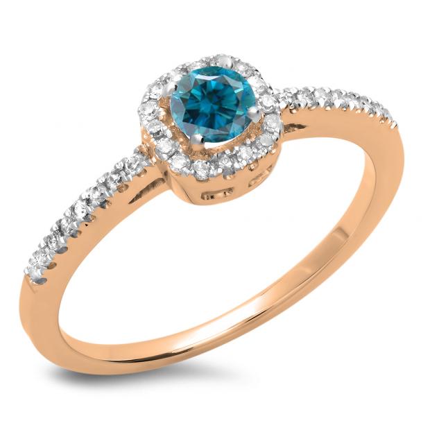 0.45 Carat (ctw) 14K Rose Gold Round Cut Blue & White Diamond Ladies Halo Style Bridal Engagement Ring 1/2 CT