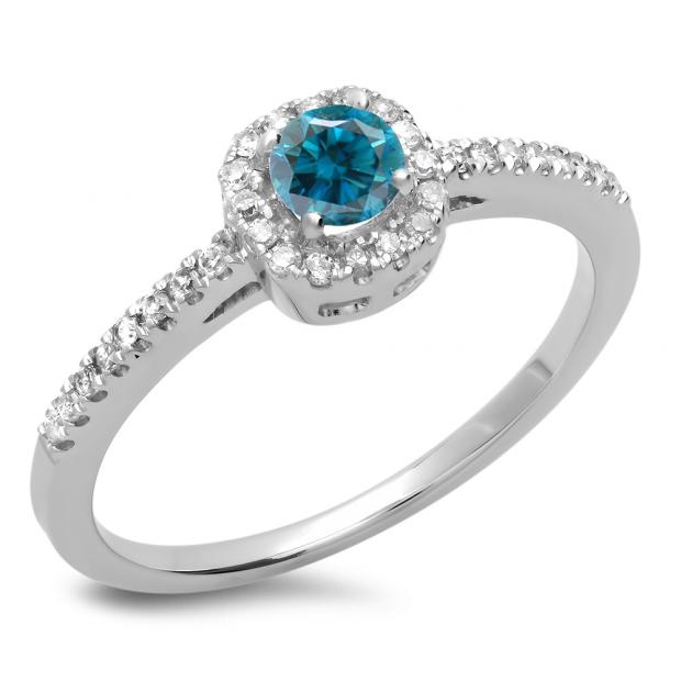 0.45 Carat (ctw) 18K White Gold Round Cut Blue & White Diamond Ladies Halo Style Bridal Engagement Ring 1/2 CT