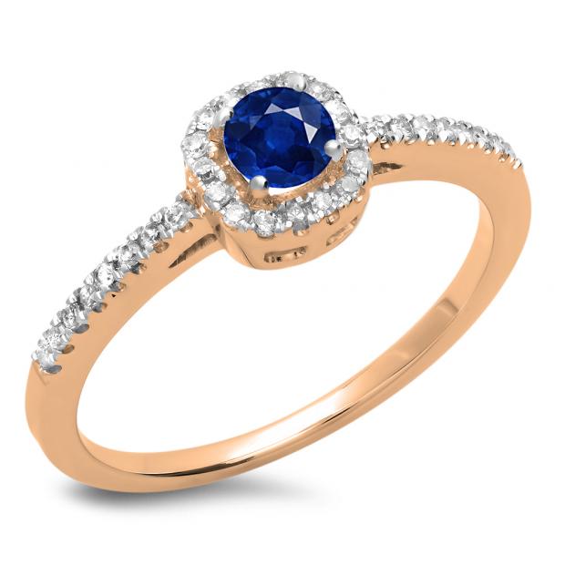 0.45 Carat (ctw) 14K Rose Gold Round Cut Blue Sapphire & White Diamond Ladies Halo Style Bridal Engagement Ring 1/2 CT