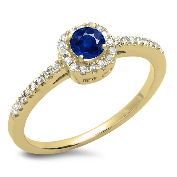 0.45 Carat (ctw) 18K Yellow Gold Round Cut Blue Sapphire & White Diamond Ladies Halo Style Bridal Engagement Ring 1/2 CT