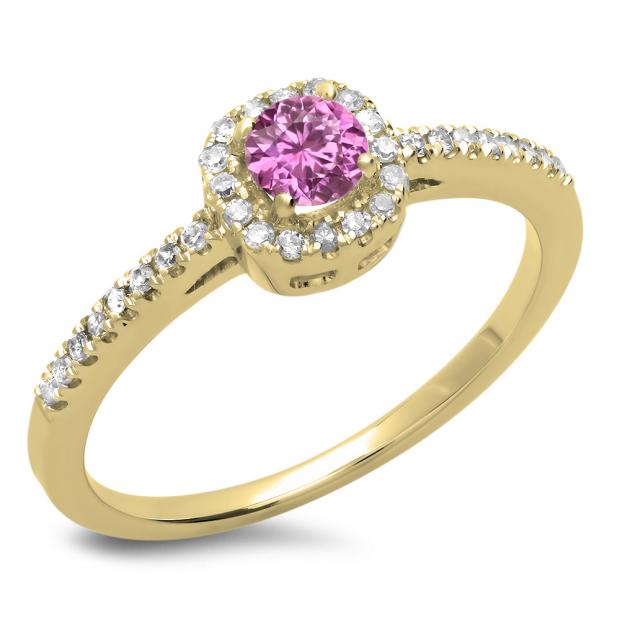 0.45 Carat (ctw) 10K Yellow Gold Round Cut Pink Sapphire & White Diamond Ladies Halo Style Bridal Engagement Ring 1/2 CT
