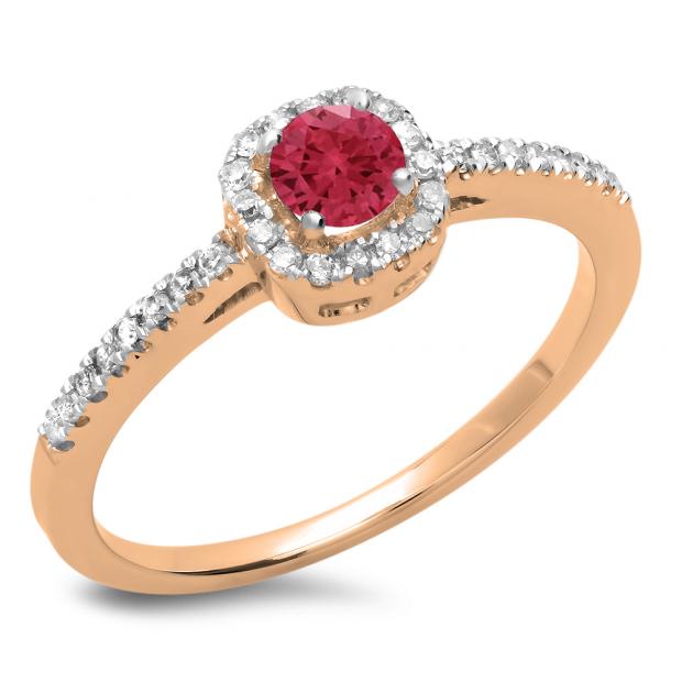 0.45 Carat (ctw) 14K Rose Gold Round Cut Red Ruby & White Diamond Ladies Halo Style Bridal Engagement Ring 1/2 CT
