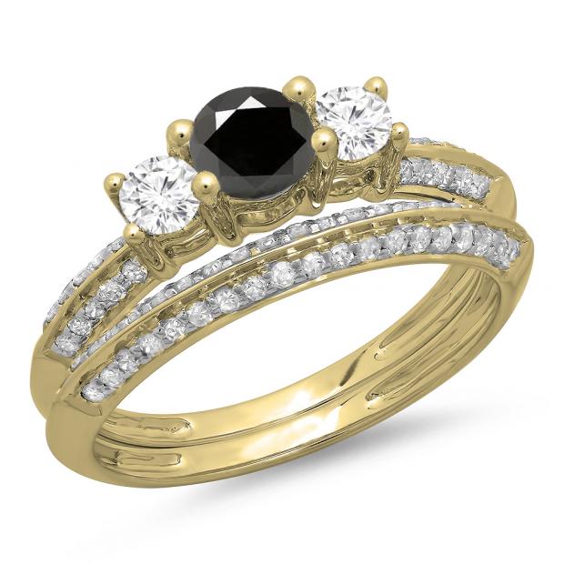 1.05 Carat (ctw) 18K Yellow Gold Round Cut Black & White Diamond Ladies 3 Stone Bridal Engagement Ring With Matching Band Set 1 CT