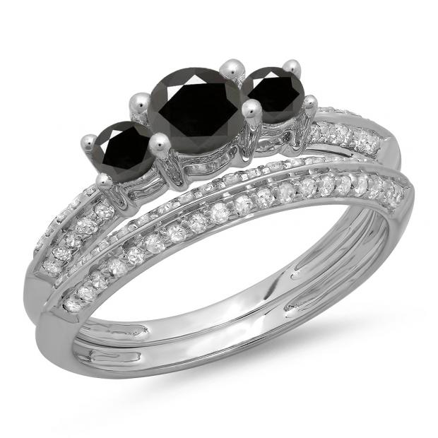1.05 Carat (ctw) 14K White Gold Round Cut Black & White Diamond Ladies 3 Stone Bridal Engagement Ring With Matching Band Set 1 CT