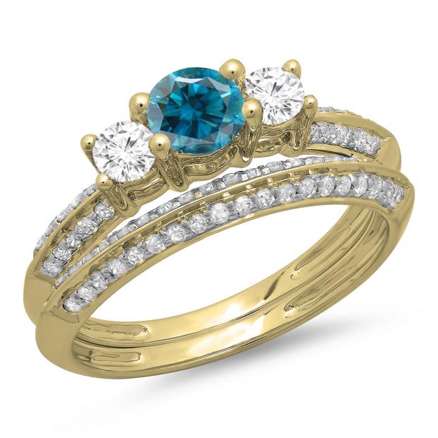 1.05 Carat (ctw) 18K Yellow Gold Round Cut Blue & White Diamond Ladies 3 Stone Bridal Engagement Ring With Matching Band Set 1 CT