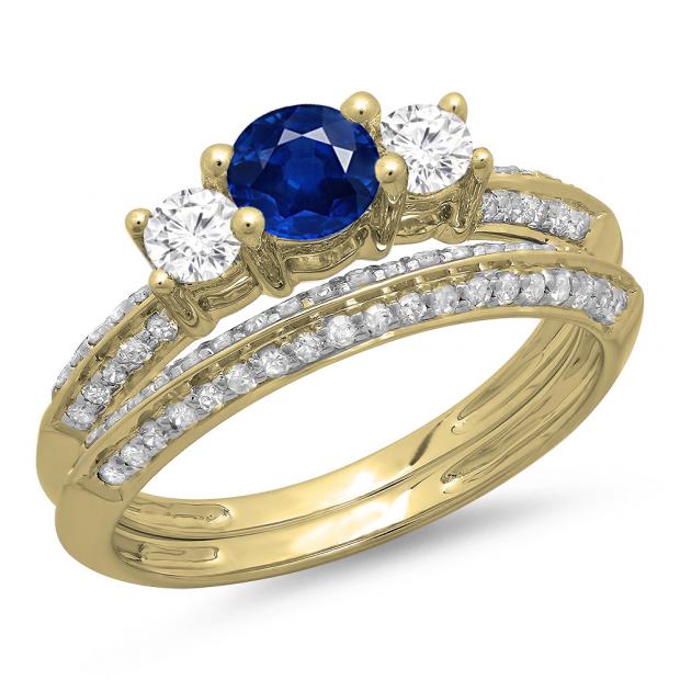 1.05 Carat (ctw) 10K Yellow Gold Round Cut Blue Sapphire & White Diamond Ladies 3 Stone Bridal Engagement Ring With Matching Band Set 1 CT
