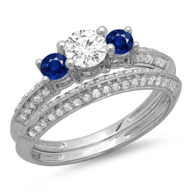1.05 Carat (ctw) 14K White Gold Round Cut Blue Sapphire & White Diamond Ladies 3 Stone Bridal Engagement Ring With Matching Band Set 1 CT