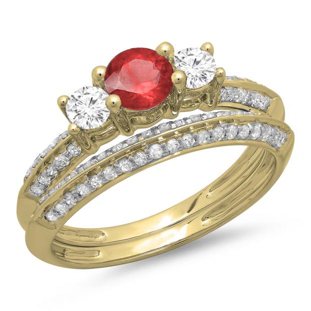 1.05 Carat (ctw) 10K Yellow Gold Round Cut Red Ruby & White Diamond Ladies 3 Stone Bridal Engagement Ring With Matching Band Set 1 CT
