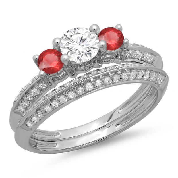 1.05 Carat (ctw) 10K White Gold Round Cut Red Ruby & White Diamond Ladies 3 Stone Bridal Engagement Ring With Matching Band Set 1 CT