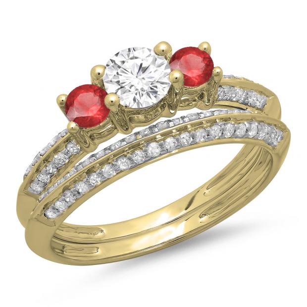 1.05 Carat (ctw) 10K Yellow Gold Round Cut Red Ruby & White Diamond Ladies 3 Stone Bridal Engagement Ring With Matching Band Set 1 CT