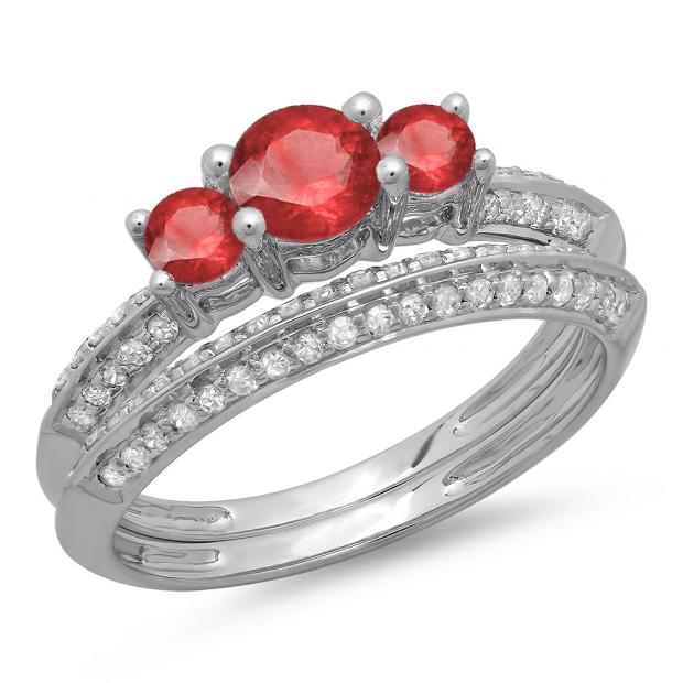 1.05 Carat (ctw) 14K White Gold Round Cut Red Ruby & White Diamond Ladies 3 Stone Bridal Engagement Ring With Matching Band Set 1 CT