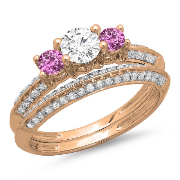1.05 Carat (ctw) 10K Rose Gold Round Cut Pink Sapphire & White Diamond Ladies 3 Stone Bridal Engagement Ring With Matching Band Set 1 CT