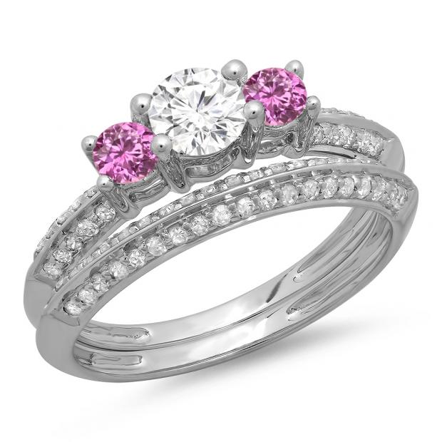 1.05 Carat (ctw) 14K White Gold Round Cut Pink Sapphire & White Diamond Ladies 3 Stone Bridal Engagement Ring With Matching Band Set 1 CT