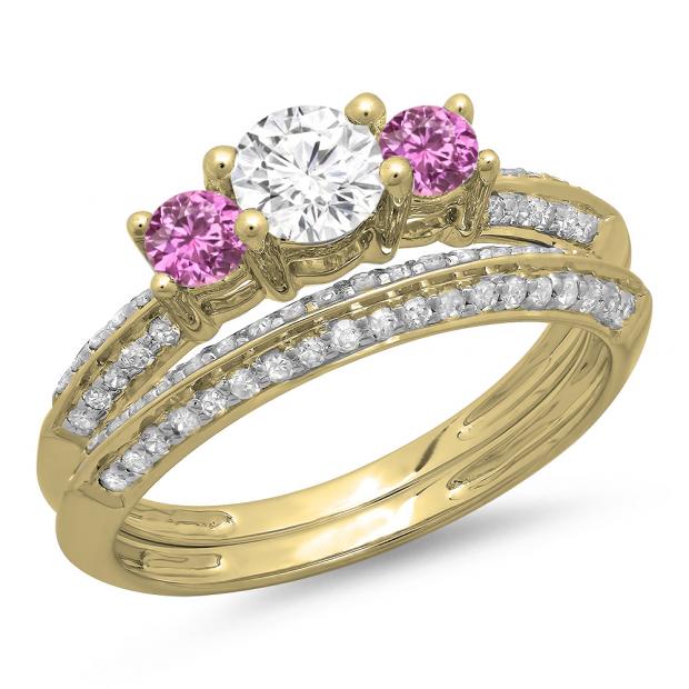 1.05 Carat (ctw) 14K Yellow Gold Round Cut Pink Sapphire & White Diamond Ladies 3 Stone Bridal Engagement Ring With Matching Band Set 1 CT