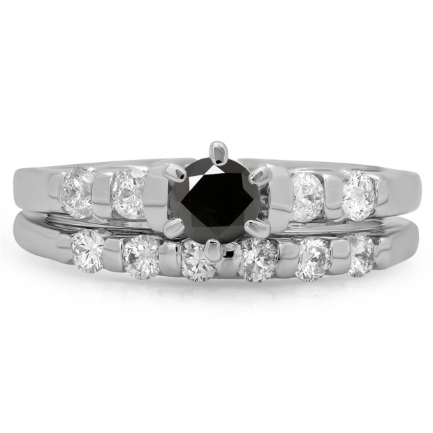 1.00 Carat (ctw) 10K White Gold Round Cut Black & White Diamond Ladies Bridal Solitaire With Accents Engagement Ring Matching Band Set 1 CT