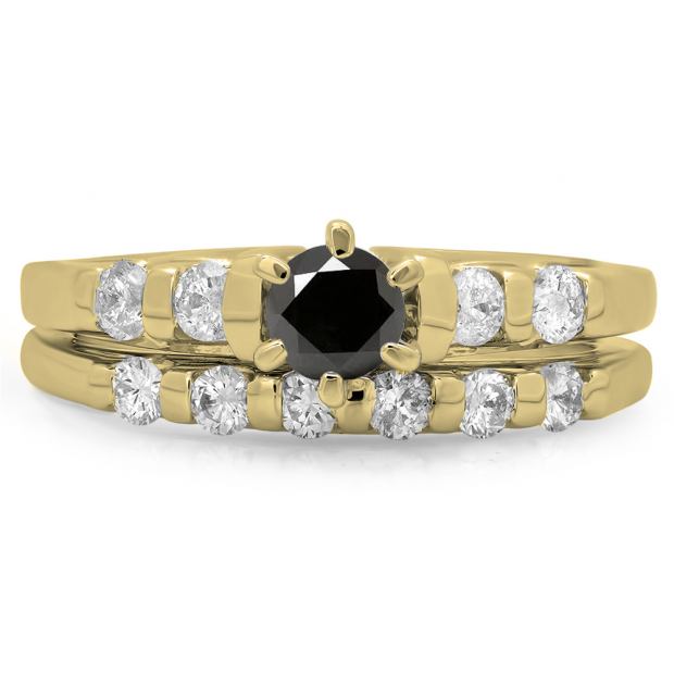 1.00 Carat (ctw) 10K Yellow Gold Round Cut Black & White Diamond Ladies Bridal Solitaire With Accents Engagement Ring Matching Band Set 1 CT