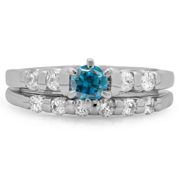 1.00 Carat (ctw) 10K White Gold Round Cut Blue & White Diamond Ladies Bridal Solitaire With Accents Engagement Ring Matching Band Set 1 CT