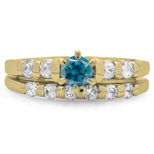 1.00 Carat (ctw) 10K Yellow Gold Round Cut Blue & White Diamond Ladies Bridal Solitaire With Accents Engagement Ring Matching Band Set 1 CT
