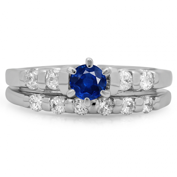 1.00 Carat (ctw) 14K White Gold Round Cut Blue Sapphire & White Diamond Ladies Bridal Solitaire With Accents Engagement Ring Matching Band Set 1 CT