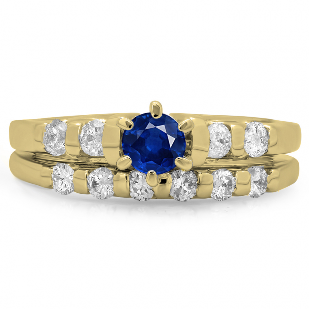 1.00 Carat (ctw) 18K Yellow Gold Round Cut Blue Sapphire & White Diamond Ladies Bridal Solitaire With Accents Engagement Ring Matching Band Set 1 CT