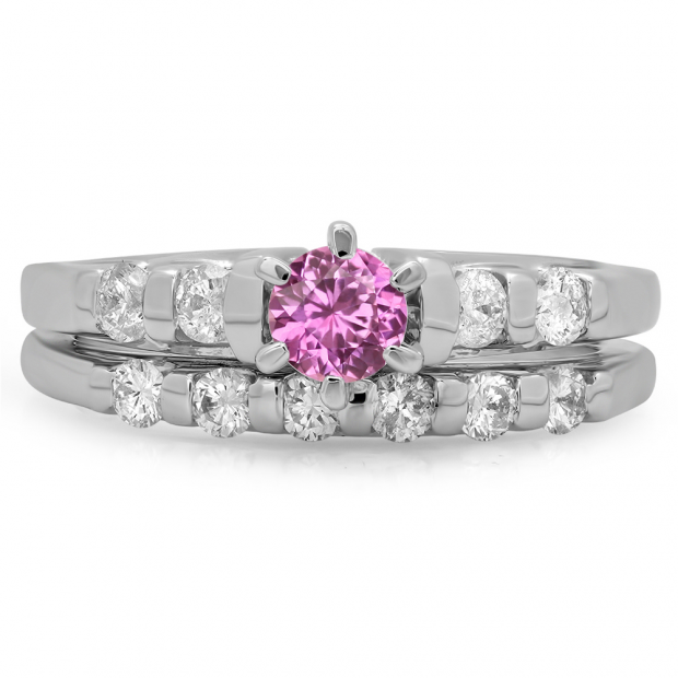 1.00 Carat (ctw) 10K White Gold Round Cut Pink Sapphire & White Diamond Ladies Bridal Solitaire With Accents Engagement Ring Matching Band Set 1 CT