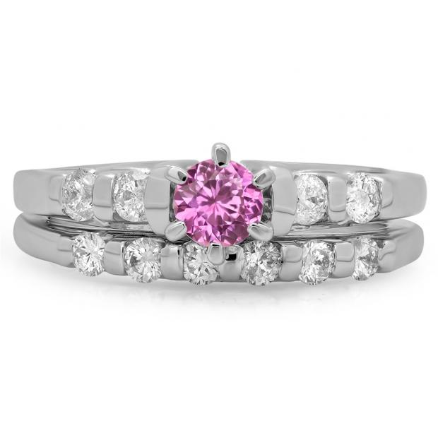 1.00 Carat (ctw) 18K White Gold Round Cut Pink Sapphire & White Diamond Ladies Bridal Solitaire With Accents Engagement Ring Matching Band Set 1 CT