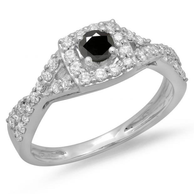 0.75 Carat (ctw) 18K White Gold Round Cut Black & White Diamond Ladies Bridal Swirl Split Shank Halo Engagement Ring 3/4 CT