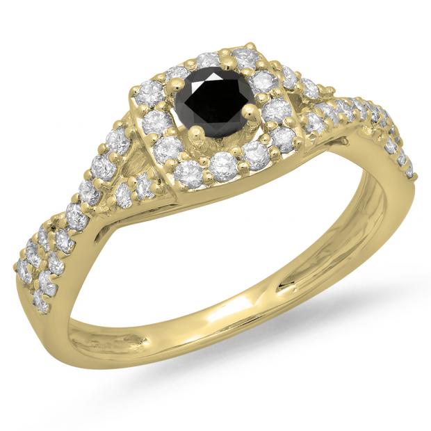0.75 Carat (ctw) 18K Yellow Gold Round Cut Black & White Diamond Ladies Bridal Swirl Split Shank Halo Engagement Ring 3/4 CT