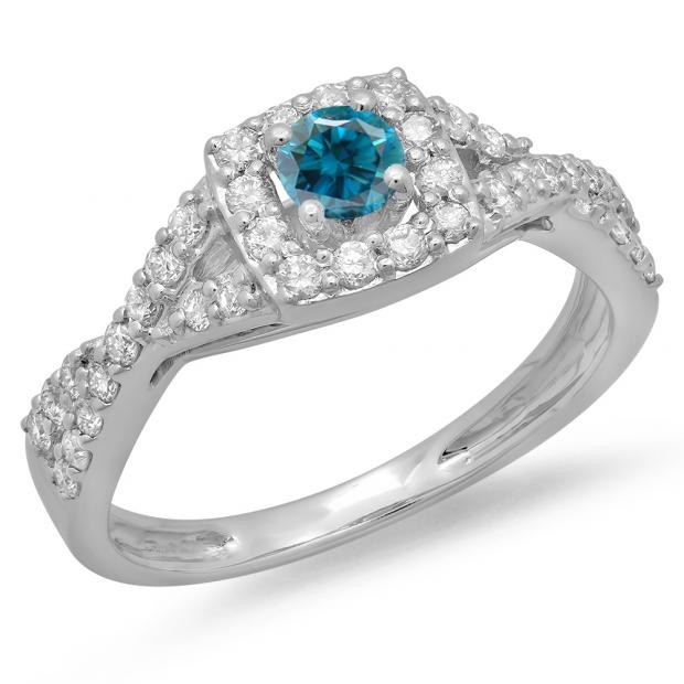 0.75 Carat (ctw) 10K White Gold Round Cut Blue & White Diamond Ladies Bridal Swirl Split Shank Halo Engagement Ring 3/4 CT