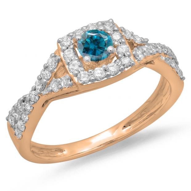 0.75 Carat (ctw) 14K Rose Gold Round Cut Blue & White Diamond Ladies Bridal Swirl Split Shank Halo Engagement Ring 3/4 CT