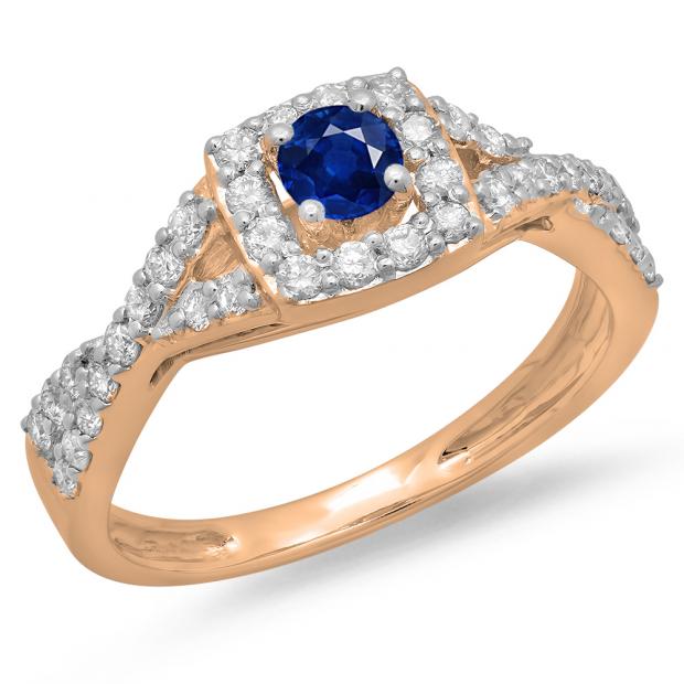 0.75 Carat (ctw) 10K Rose Gold Round Cut Blue Sapphire & White Diamond Ladies Bridal Swirl Split Shank Halo Engagement Ring 3/4 CT